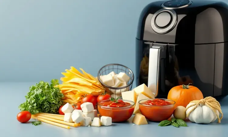 Composição 3D criativa com ingredientes frescos para preparar uma lasanha caseira diretamente na airfryer.