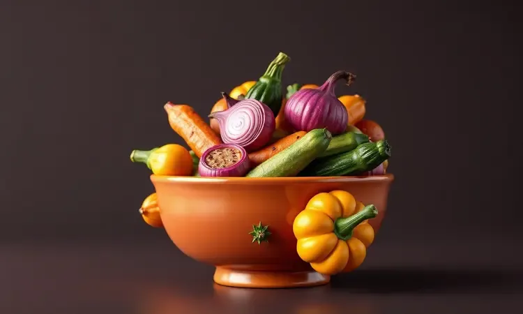 Tigela estilizada transbordando com um mix colorido de legumes assados como abóbora, abobrinha e pimentão.