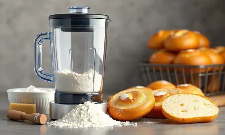 Ingredientes e liquidificador em uma cena 3D colorida preparando massa de pão de queijo caseiro.