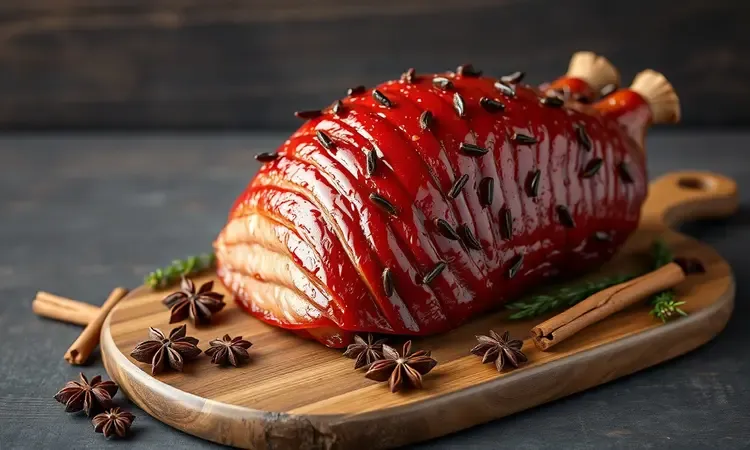Tender natalino suculento decorado com cravos-da-índia e calda de frutas em uma tábua de madeira estilizada.