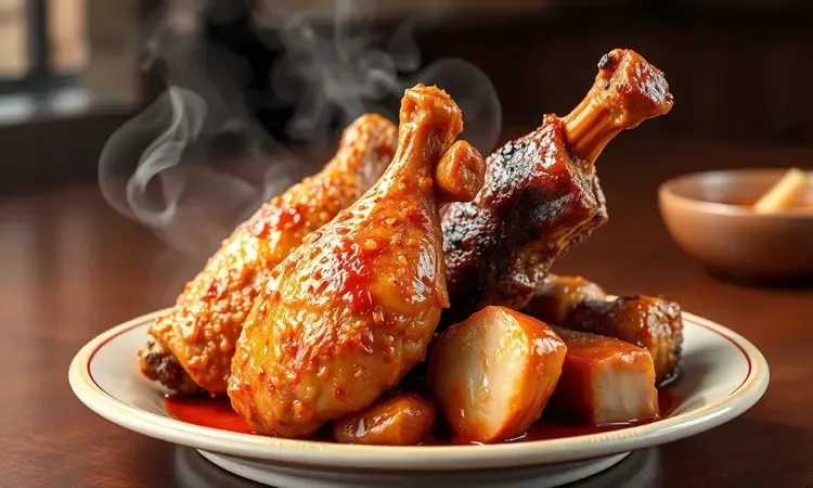 Carnes douradas e suculentas preparadas na air fryer com aspecto apetitoso e iluminação quente.