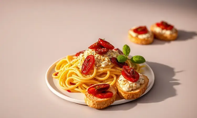 Composição artística 3D de pratos gourmet como massas e bruschettas decoradas com tomates secos vibrantes.