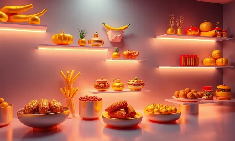 Ilustração colorida em 3D de diversos alimentos estilizados dispostos em diferentes níveis de uma prateleira conceitual.