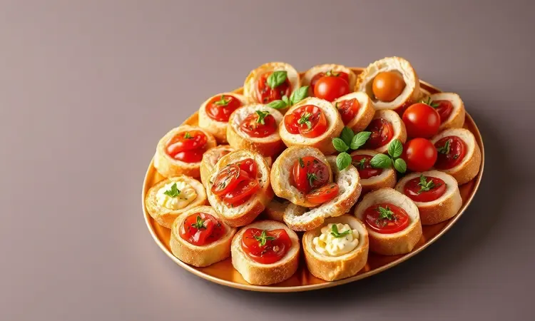 Platter colorido com diversas torradas e bruschettas decoradas com ervas frescas em estilo render 3D.