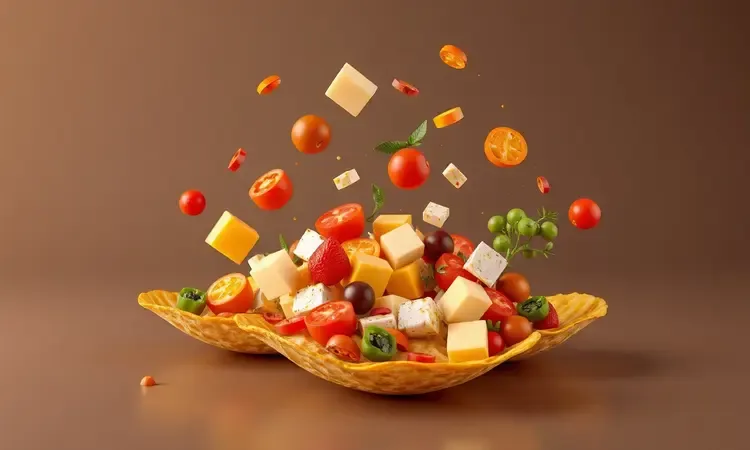 Composição artística em 3D com ingredientes coloridos como tomates e queijo ao lado de massas de tortilha crocantes.