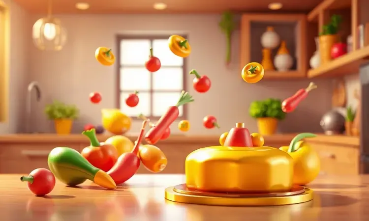 Composição 3D vibrante com vegetais coloridos e um bolo estilizado flutuando em um ambiente de cozinha.