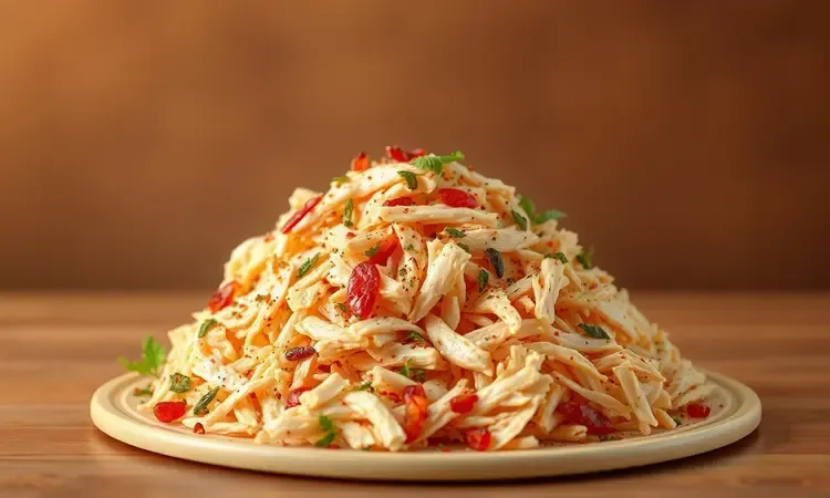 Recheio de frango desfiado bem temperado e suculento para rechear coxinhas caseiras.