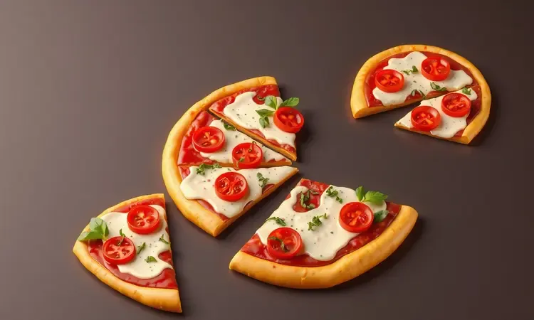 Fatias de pizza conceituais com diferentes coberturas coloridas em um estilo 3D moderno.