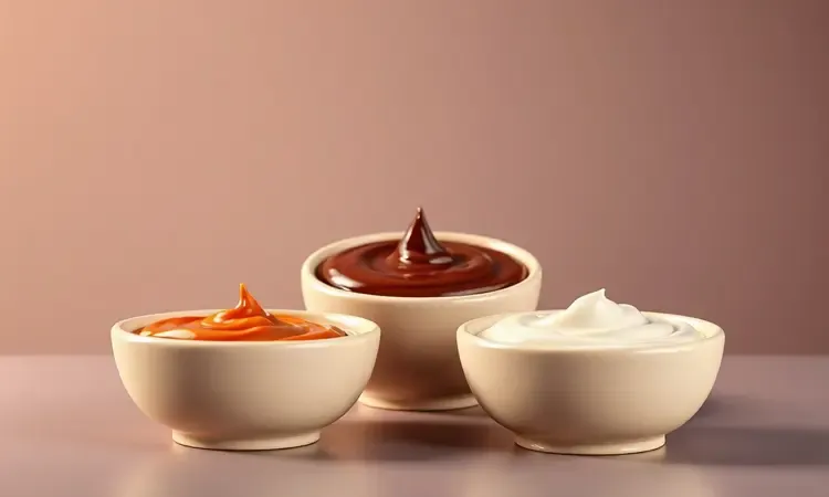 Tigelas estilizadas com caldas brilhantes de doce de leite, chocolate e creme em uma composição artística 3D.