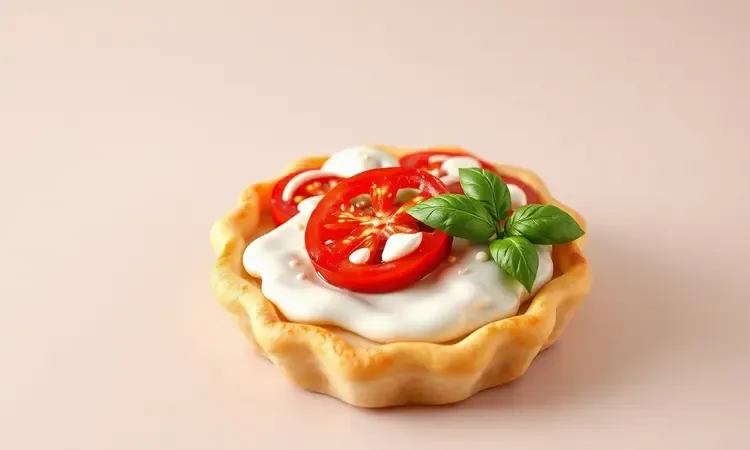 Ilustração 3D de recheios suculentos como queijo derretido e tomate flutuando dentro de um pastel.
