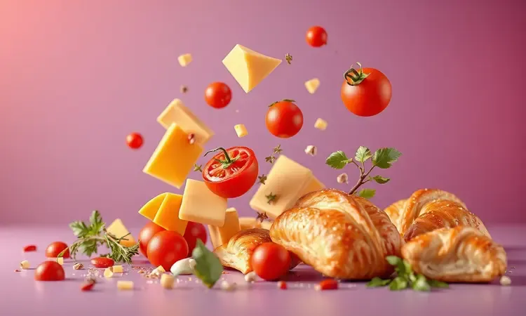 Ilustração 3D estilizada de ingredientes frescos como queijo e tomates flutuando próximos a massas de pastel.
