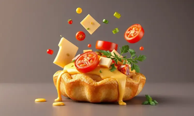 Ingredientes coloridos e vibrantes para recheio de pastel dispostos de forma artística em 3D.