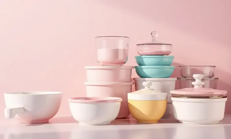 Composição 3D de recipientes seguros como cerâmica e vidro em tons pastéis vibrantes.