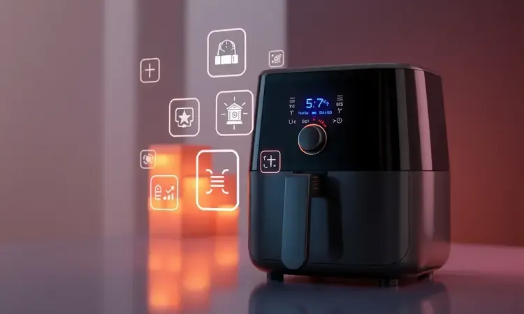 Painel digital e ícones tecnológicos brilhantes representando recursos modernos de uma fritadeira elétrica.