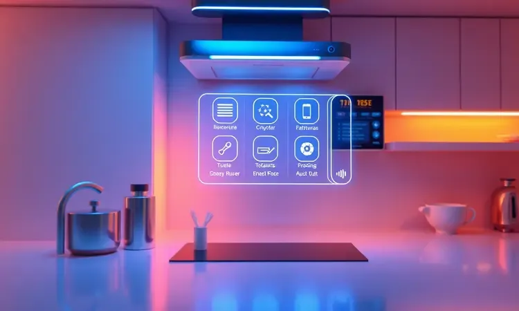 Renderização 3D conceitual de uma interface tecnológica com ícones brilhantes representando as funções inteligentes de uma fritadeira.