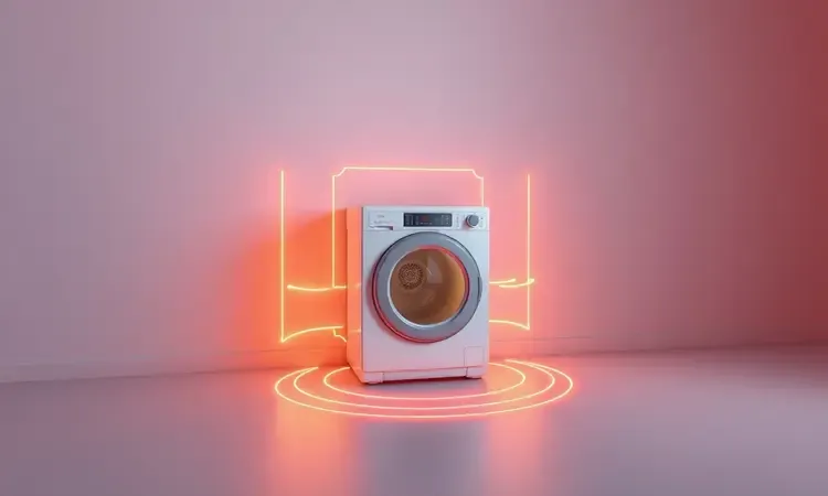 Ilustração 3D mostrando a distância mínima recomendada entre a air fryer e a parede da cozinha para ventilação.