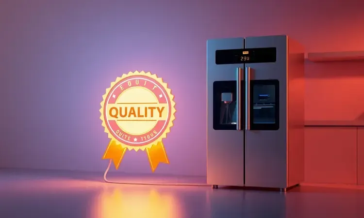 Elemento conceitual de qualidade e confiança ao lado de um eletrodoméstico moderno em renderização 3D.