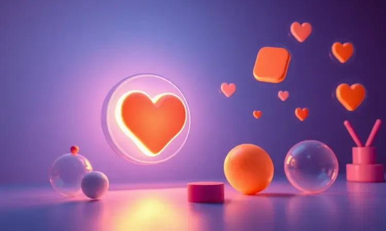 Renderização 3D de símbolos de atendimento ao cliente e satisfação em cores vibrantes azul e laranja.