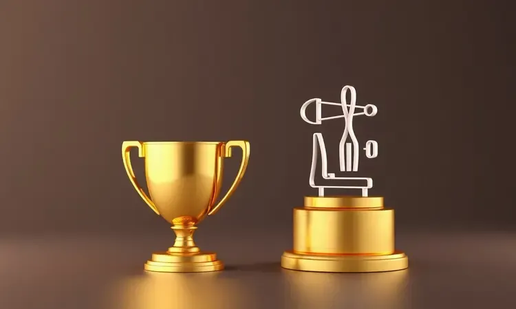 Troféu dourado minimalista e ícones abstratos simbolizando confiança, qualidade e boa reputação de marca em 3D.