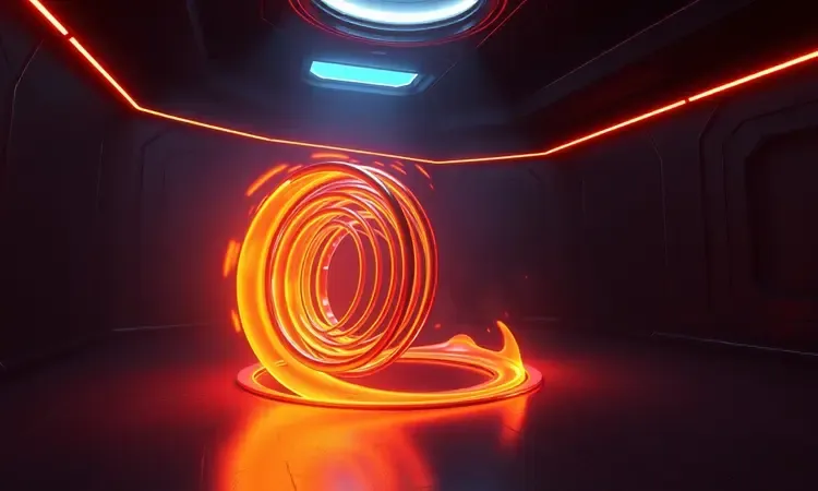 Renderização 3D de resistência interna de airfryer emitindo calor com cores vibrantes e iluminação cinematográfica.