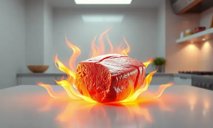 Representação conceitual em 3D do calor dourado circulando um corte de carne suculento em um ambiente minimalista.