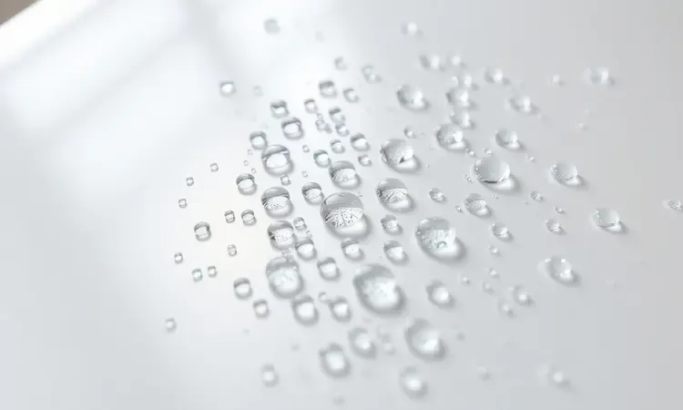 Close conceitual de uma superfície antiaderente com gotas de água simbolizando facilidade de limpeza em airfryers.