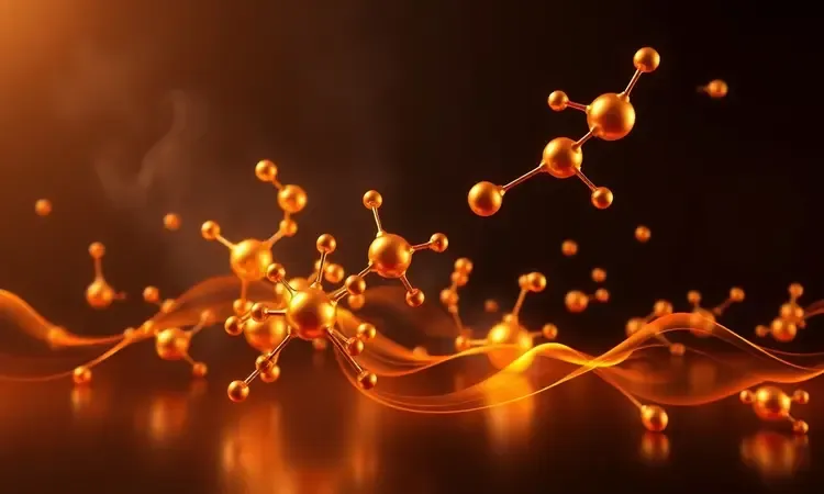 Visualização abstrata em 3D de reações químicas de calor e moléculas douradas representando processos de cozimento.