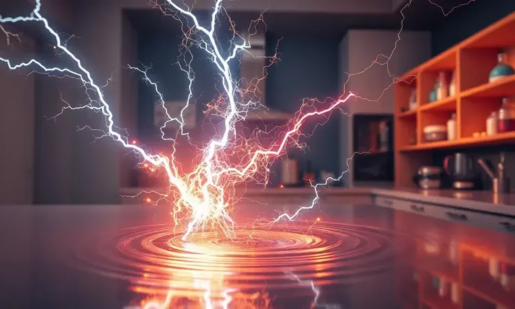 Ilustração conceitual 3D mostrando o perigo do contato entre água e eletricidade de forma artística e vibrante.