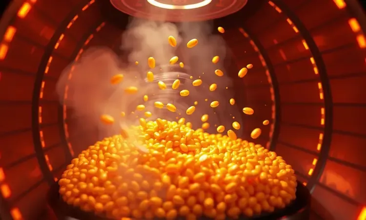 Renderização 3D de milhos de pipoca circulando em uma câmara de calor intensa com cores vibrantes e iluminação âmbar.