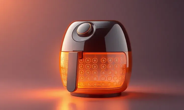 Ilustração conceitual 3D de um cesto de air fryer com brilho suave destacando o revestimento antiaderente impecável.
