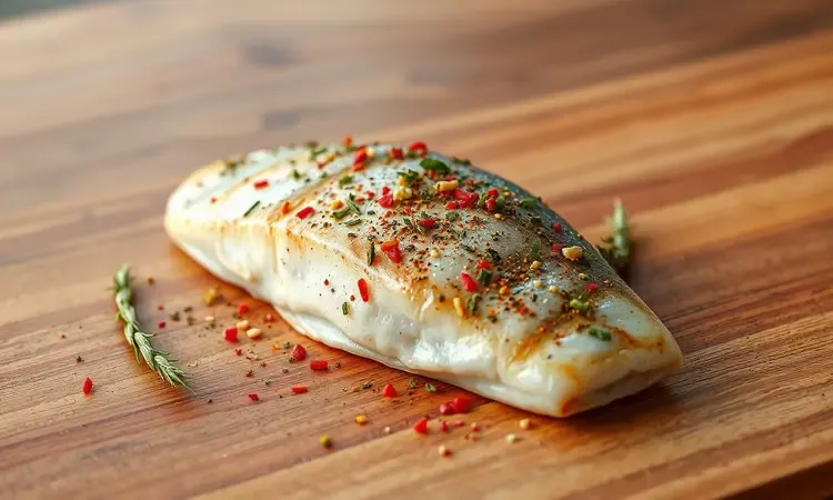 Filé de peixe robalo fresco com ervas aromáticas em uma cozinha moderna e minimalista com iluminação aconchegante.