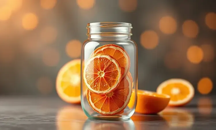 Rodelas de laranjas secas dentro de um pote de vidro decorativo com luz suave e aconchegante.