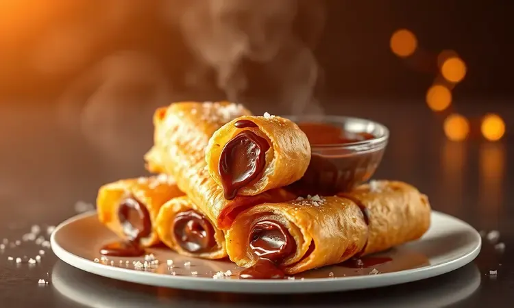 Rolinhos primavera doces com recheio de chocolate em uma apresentação artística e colorida.