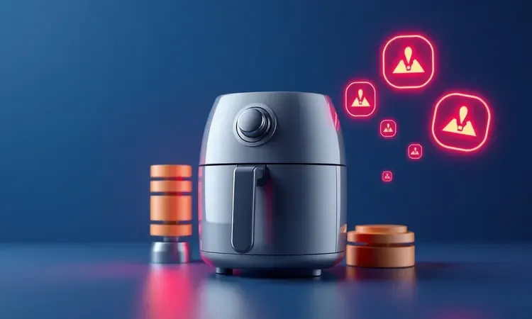 Ilustração 3D conceitual de uma air fryer com ícones de alerta flutuantes sugerindo problemas técnicos e ruídos anormais.