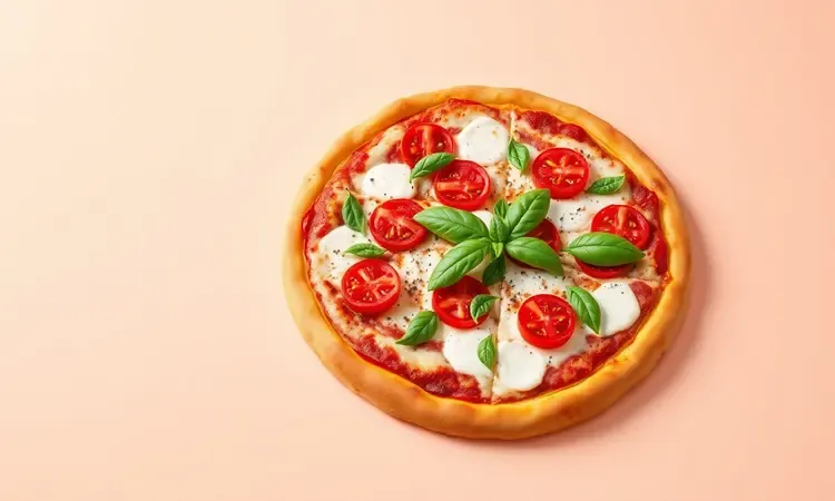 Pizza margherita gourmet com manjericão fresco e tomates em estilo 3D vibrante e colorido.