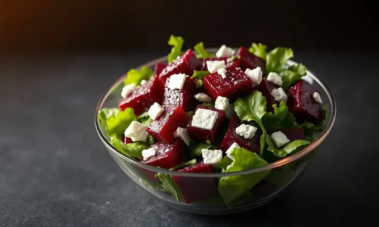 Uma saladeira moderna com cubos de beterraba assada, folhas verdes e queijo branco sob luz quente.