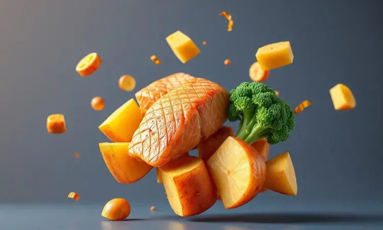 Composição 3D colorida de pedaços de salmão, batatas douradas e brócolis frescos em um arranjo artístico.