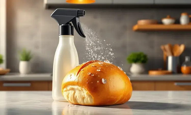 Cena 3D conceitual mostrando o efeito de borrifar água em um pão francês dourado.