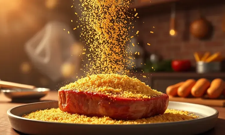 Ilustração conceitual em 3D de farinha de rosca dourada caindo sobre um bife preparado, com iluminação quente de cozinha.