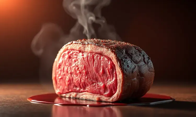 Visualização conceitual de suculência em carne assada com brilho e texturas ricas.