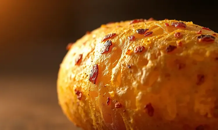 Close-up macro da textura dourada e crocante de uma casca de batata assada com iluminação cinematográfica.