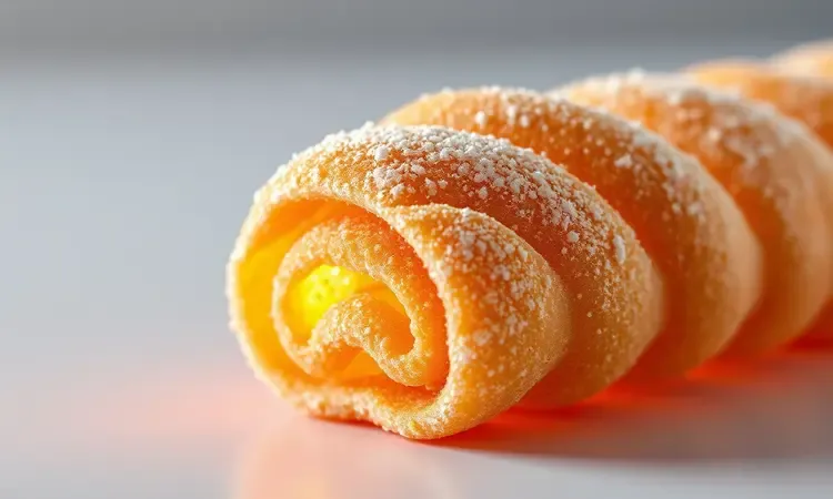 Close-up de um churros de pão de forma dourado e crocante mostrando a textura do açúcar e da canela.