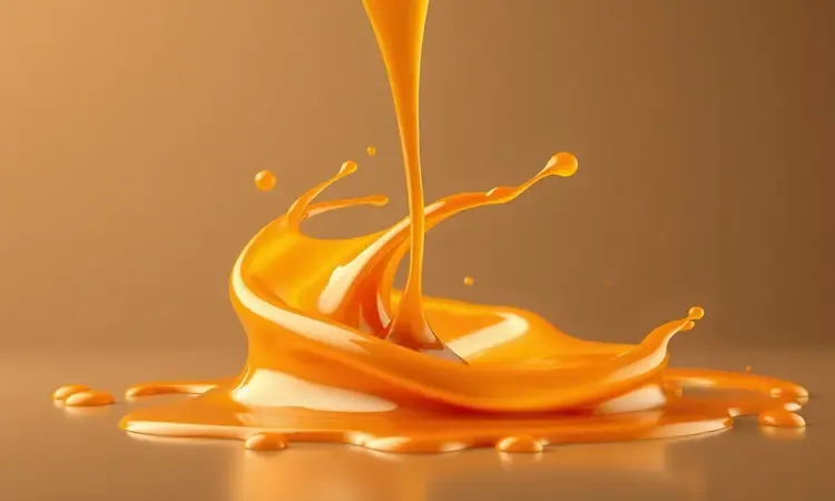 Calda de caramelo dourada e viscosa em movimento fluido com brilho intenso e textura suave.