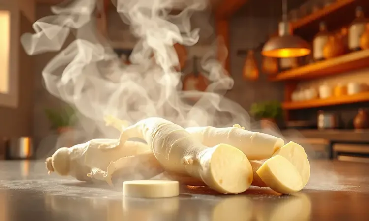 Visualização conceitual 3D do processo de pré-cozimento da mandioca com vapor suave e iluminação quente.