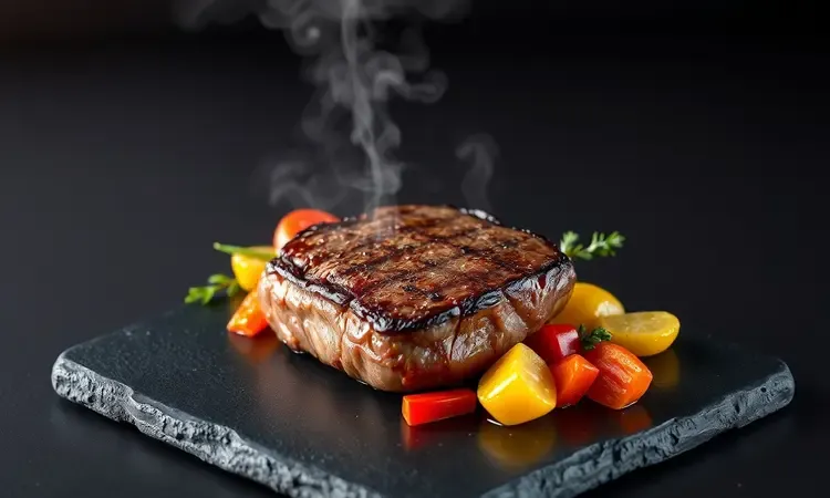 Bife de contrafilé suculento descansando em um prato de pedra escura com guarnições coloridas.