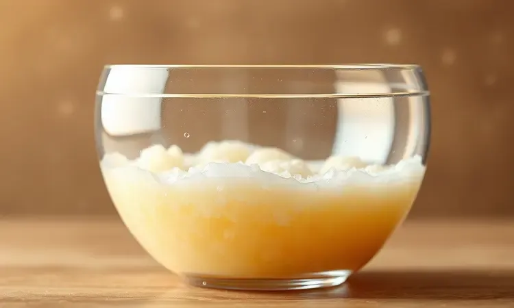 Fermentação de massa de pão em bowl de vidro mostrando bolhas de ar e textura leve em render 3D.