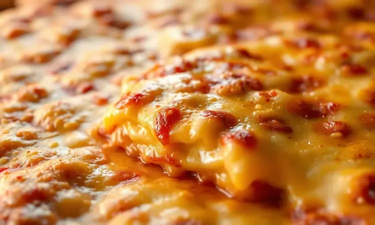 Close-up de queijo derretido e gratinado com textura crocante em uma lasanha feita na airfryer.