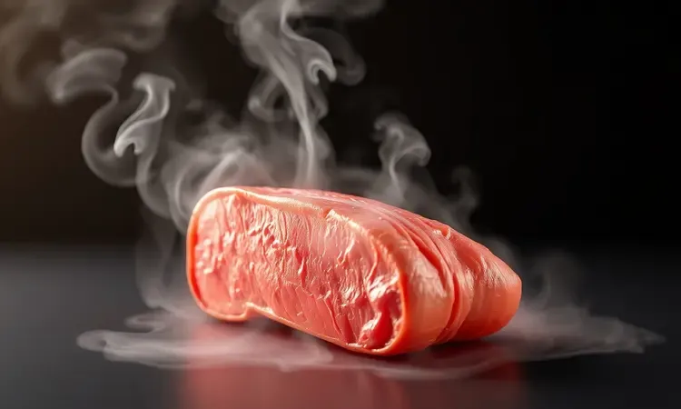 Representação visual 3D de calor e vapor envolvendo uma carne estilizada para demonstrar maciez e suculência.