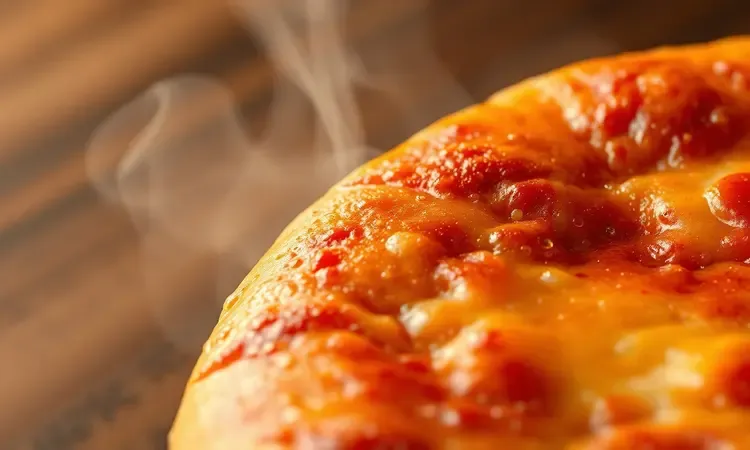 Close-up detalhado em 3D de uma borda de pizza dourada e crocante enfatizando a textura perfeita.