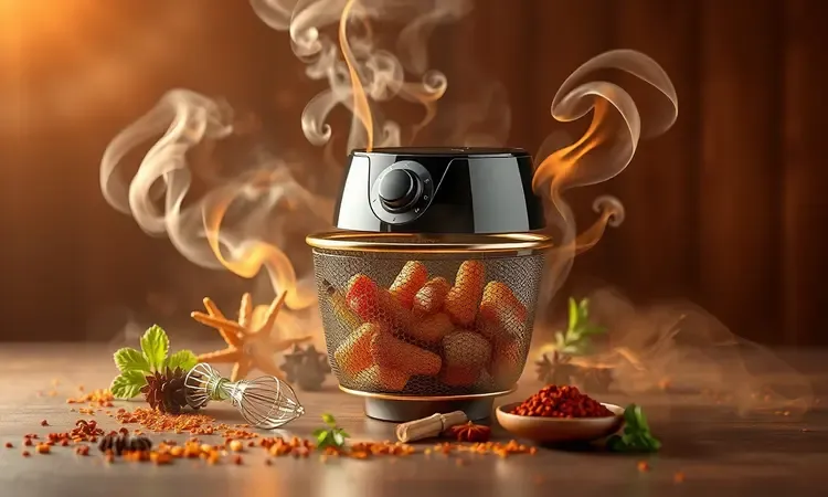 Representação conceitual de temperos e fumaça aromática para dar sabor de churrasco na fritadeira elétrica.